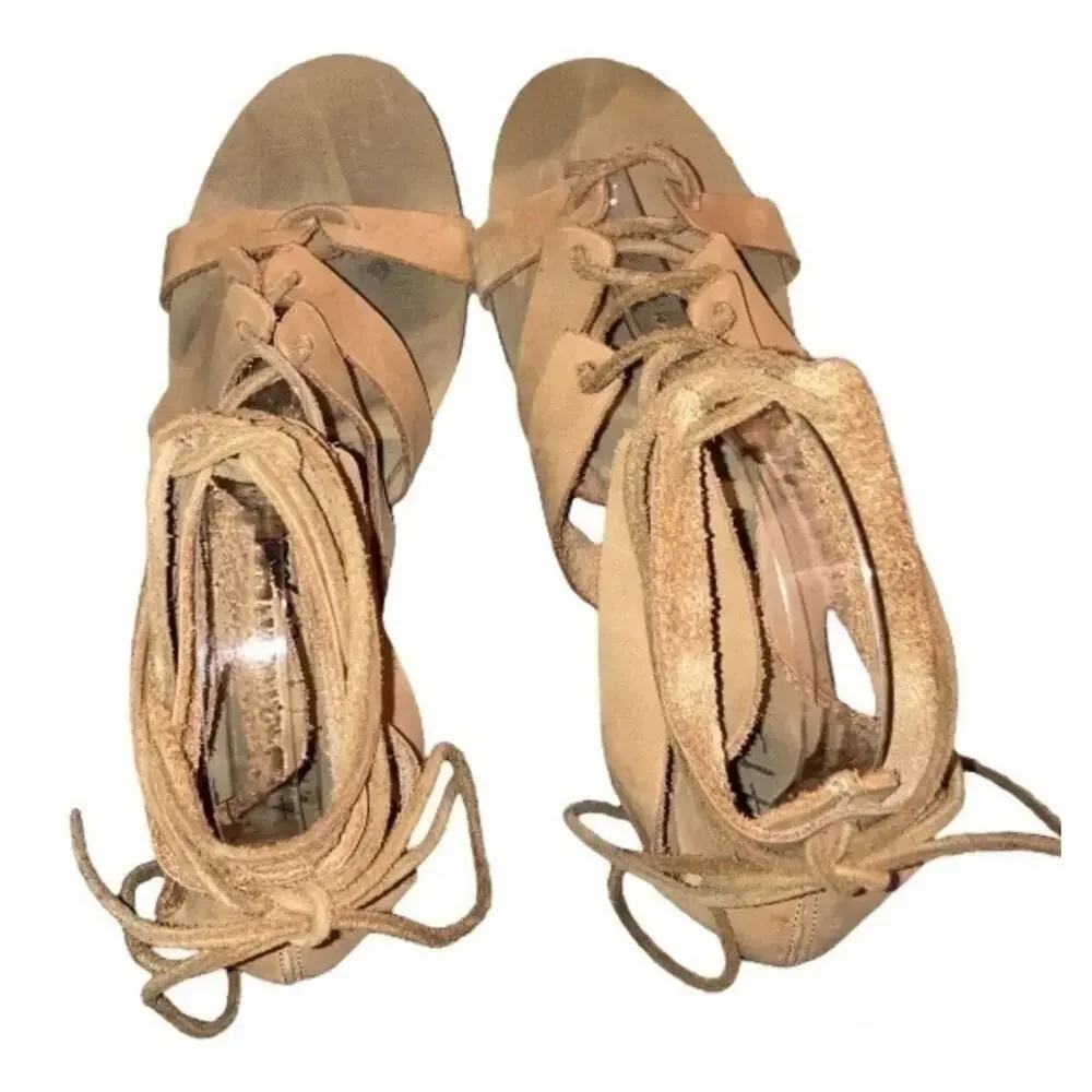 Free people cradle mini wedge strappy gladiator sandal Congac tan leather sz 8.5